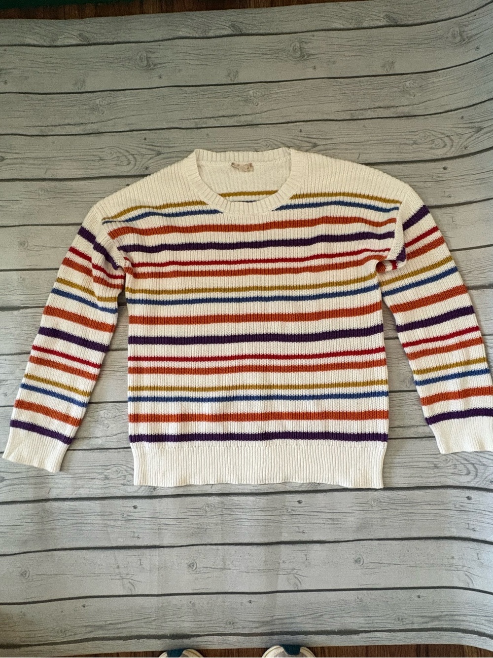 Cream Striped Crewneck Sweater with Multicolor Stripes